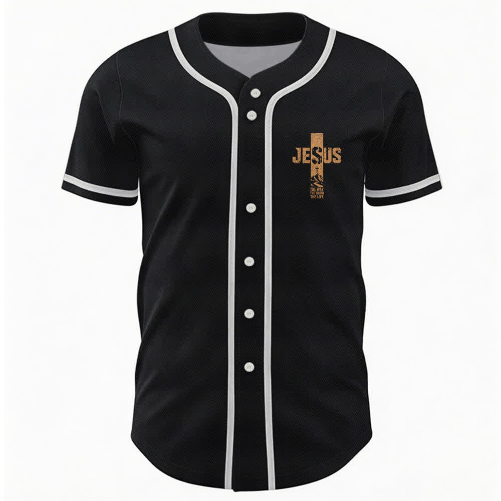 Christianartworkshop Camiseta de béisbol con estampado de cruz de Jesús, malla desgastada y botones frontales. - image 9