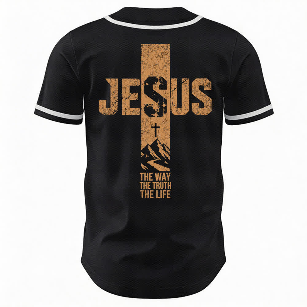 Christianartworkshop Camiseta de béisbol con estampado de cruz de Jesús, malla desgastada y botones frontales. - image 8