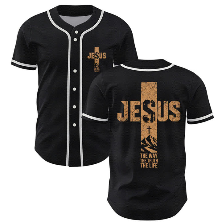 Christianartworkshop Camiseta de béisbol con estampado de cruz de Jesús, malla desgastada y botones frontales. - Negro - 5XL - image 7