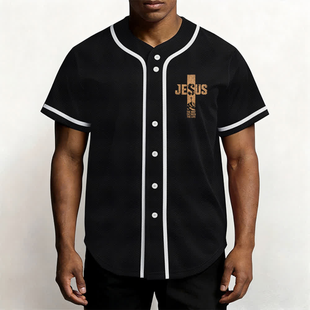 Christianartworkshop Camiseta de béisbol con estampado de cruz de Jesús, malla desgastada y botones frontales. - image 13