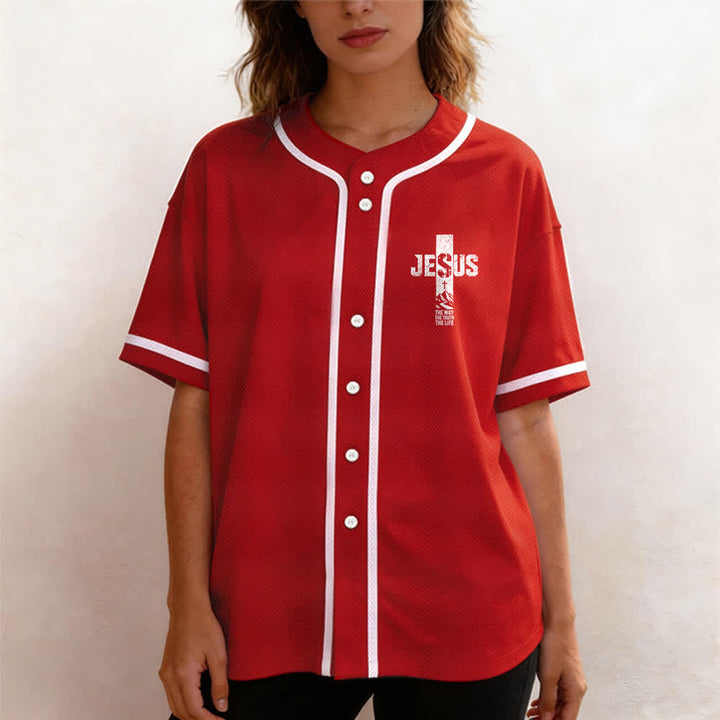 Christianartworkshop Camiseta de béisbol con estampado de cruz de Jesús, malla desgastada y botones frontales. - image 18