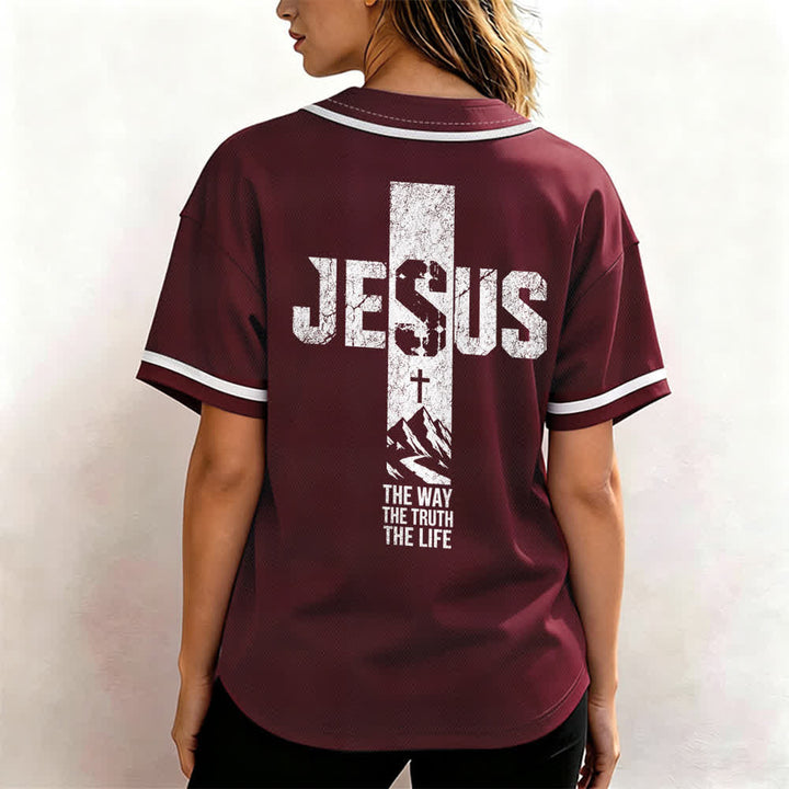 Christianartworkshop Camiseta de béisbol con estampado de cruz de Jesús, malla desgastada y botones frontales. - image 24