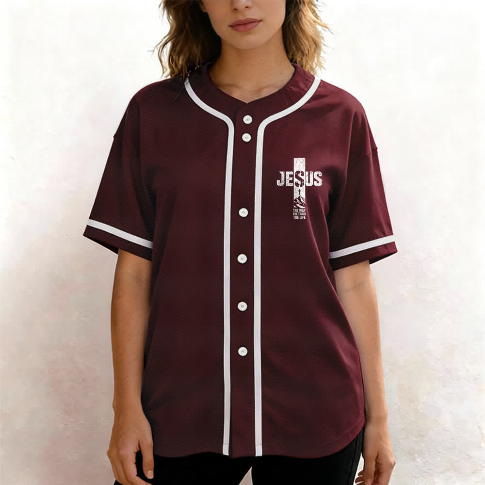 Christianartworkshop Camiseta de béisbol con estampado de cruz de Jesús, malla desgastada y botones frontales. - image 25