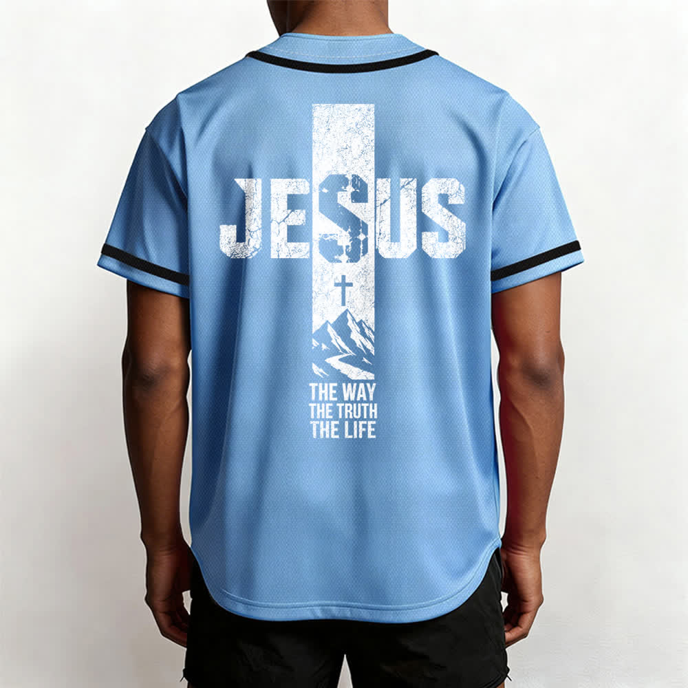 Christianartworkshop Camiseta de béisbol con estampado de cruz de Jesús, malla desgastada y botones frontales. - image 34