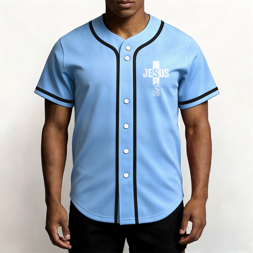Christianartworkshop Camiseta de béisbol con estampado de cruz de Jesús, malla desgastada y botones frontales. - image 33