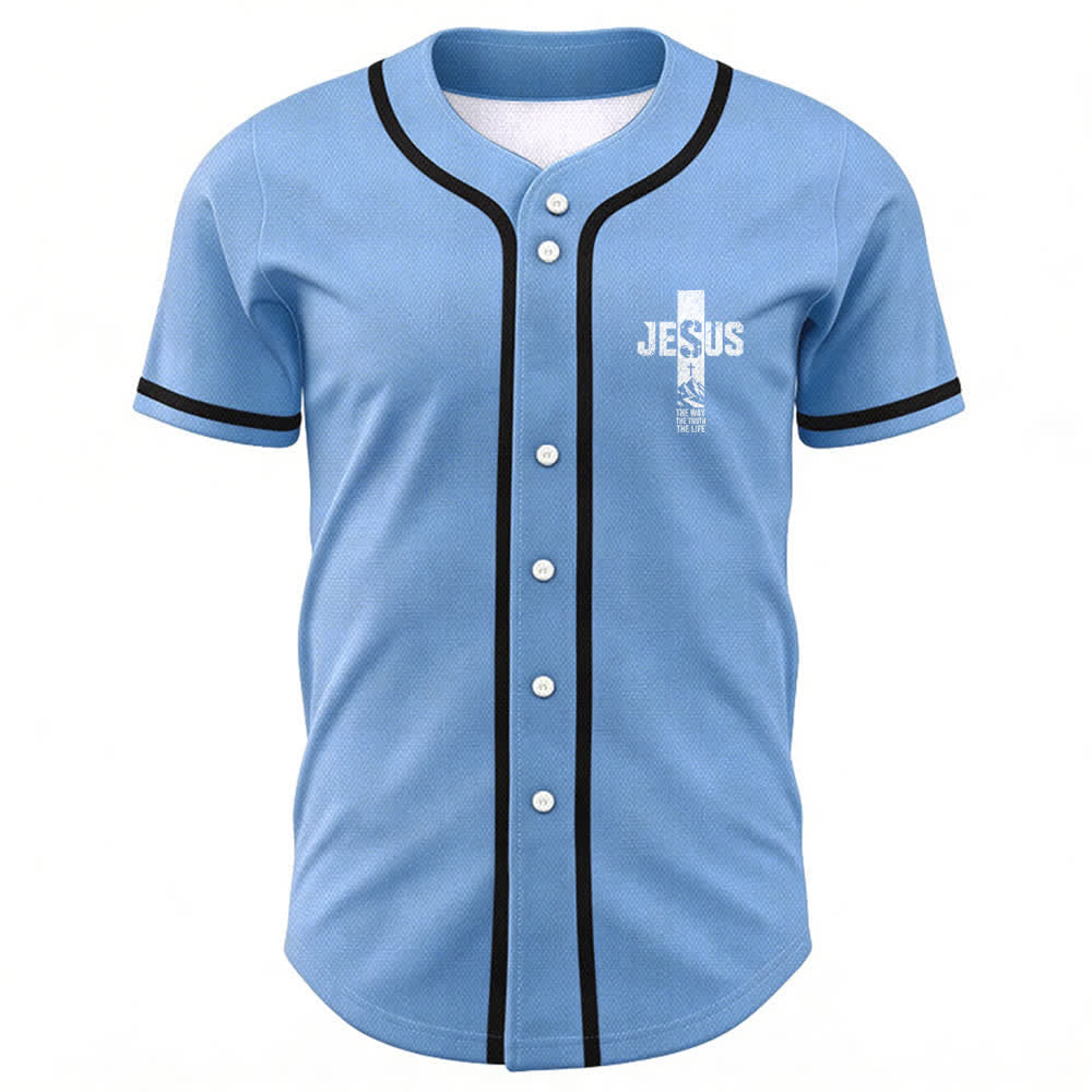 Christianartworkshop Camiseta de béisbol con estampado de cruz de Jesús, malla desgastada y botones frontales. - image 29