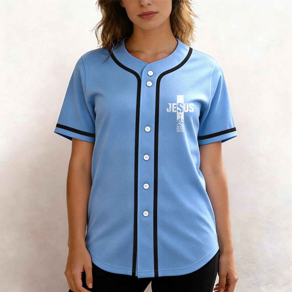 Christianartworkshop Camiseta de béisbol con estampado de cruz de Jesús, malla desgastada y botones frontales. - image 31