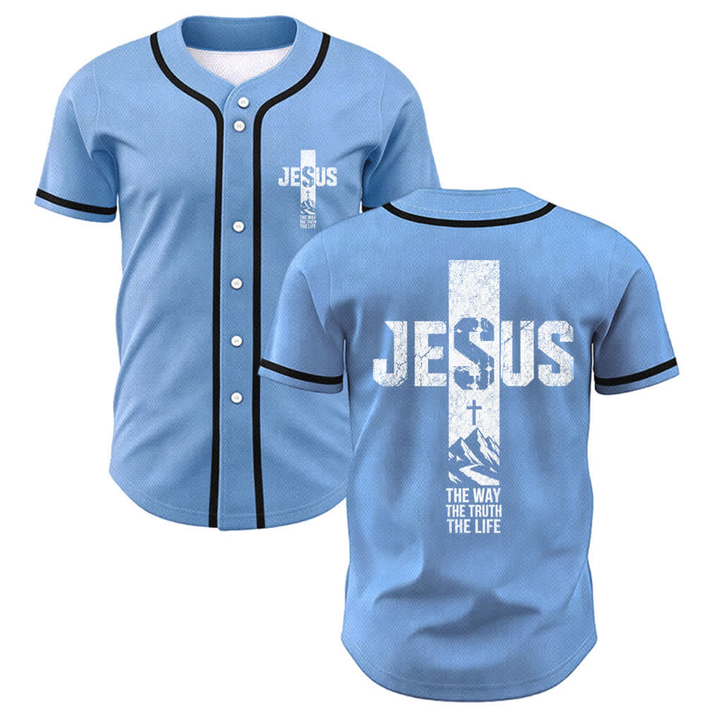Christianartworkshop Camiseta de béisbol con estampado de cruz de Jesús, malla desgastada y botones frontales. - Azul - 5XL - image 28