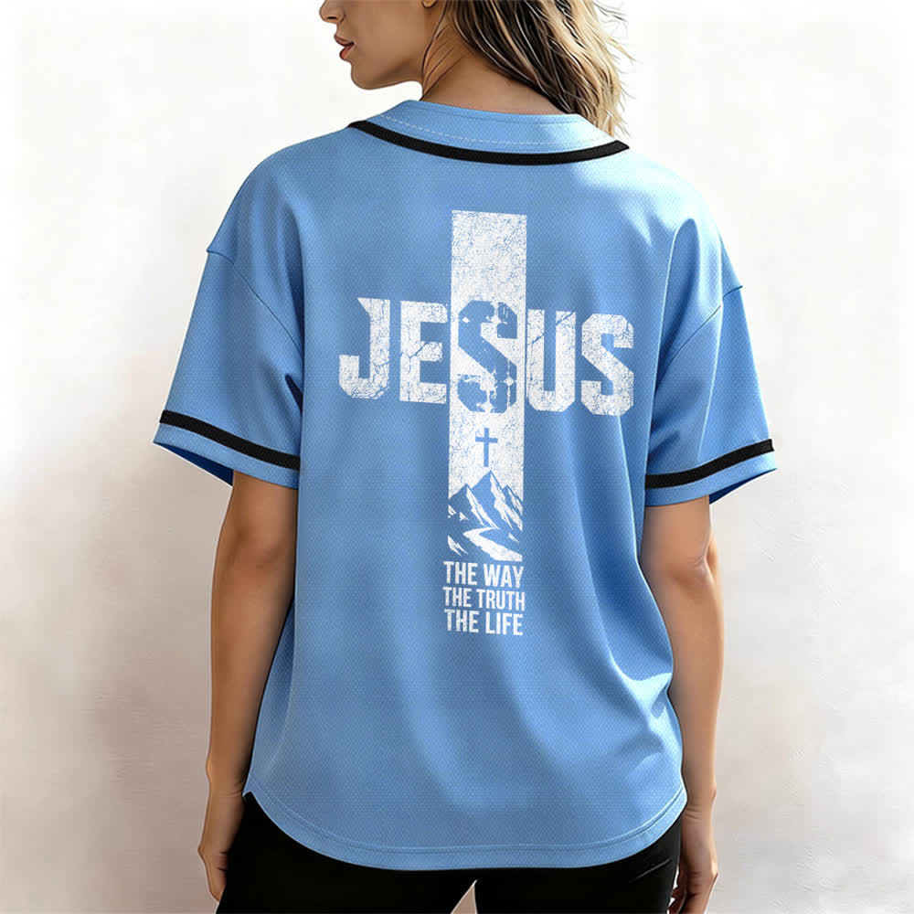 Christianartworkshop Camiseta de béisbol con estampado de cruz de Jesús, malla desgastada y botones frontales. - image 32