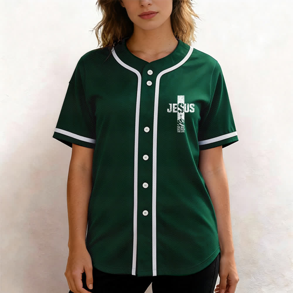 Christianartworkshop Camiseta de béisbol con estampado de cruz de Jesús, malla desgastada y botones frontales. - image 39