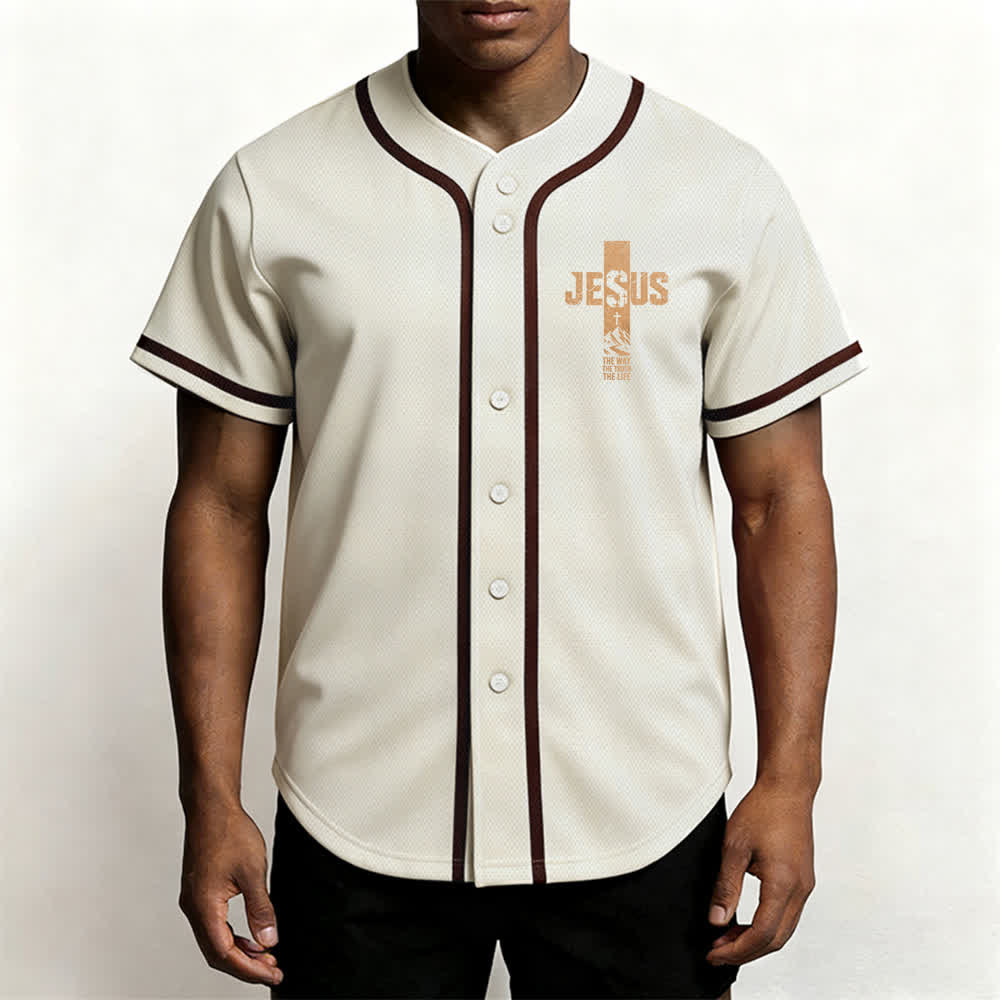 Christianartworkshop Camiseta de béisbol con estampado de cruz de Jesús, malla desgastada y botones frontales. - image 48