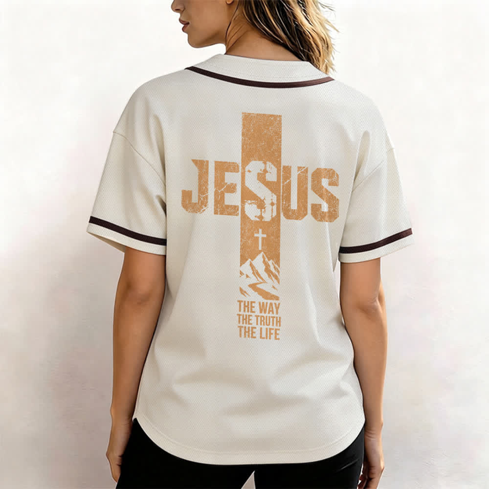 Christianartworkshop Camiseta de béisbol con estampado de cruz de Jesús, malla desgastada y botones frontales. - image 45