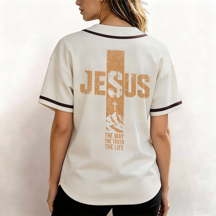 Christianartworkshop Camiseta de béisbol con estampado de cruz de Jesús, malla desgastada y botones frontales. - image 45