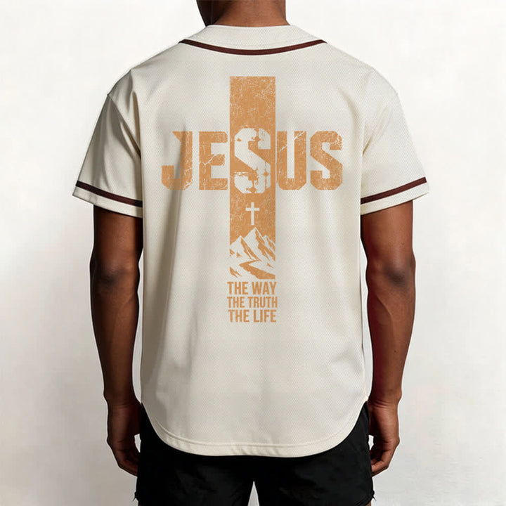 Christianartworkshop Camiseta de béisbol con estampado de cruz de Jesús, malla desgastada y botones frontales. - image 47