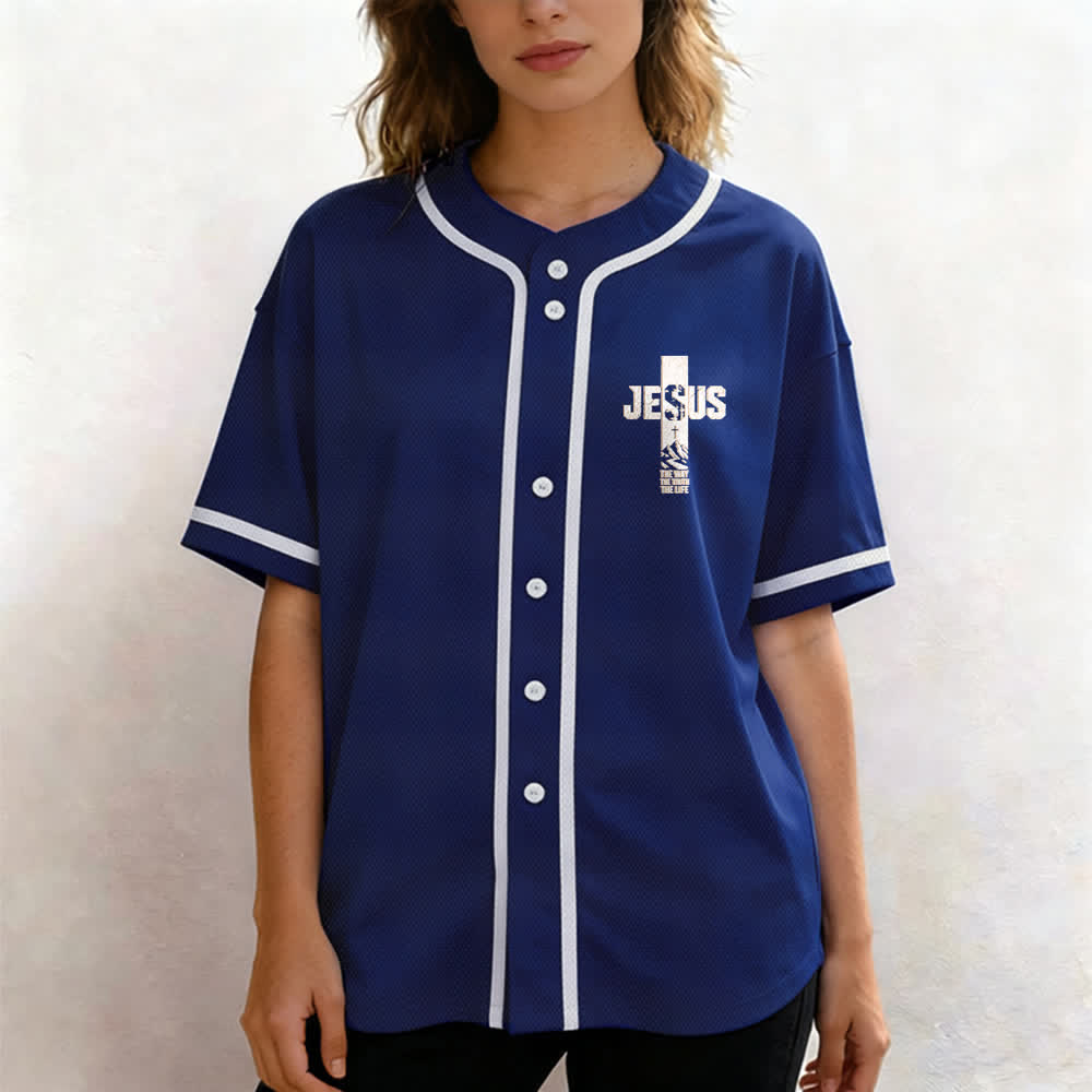 Christianartworkshop Camiseta de béisbol con estampado de cruz de Jesús, malla desgastada y botones frontales. - image 53