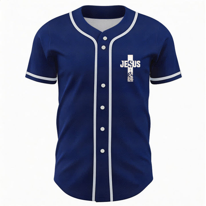 Christianartworkshop Camiseta de béisbol con estampado de cruz de Jesús, malla desgastada y botones frontales. - image 51