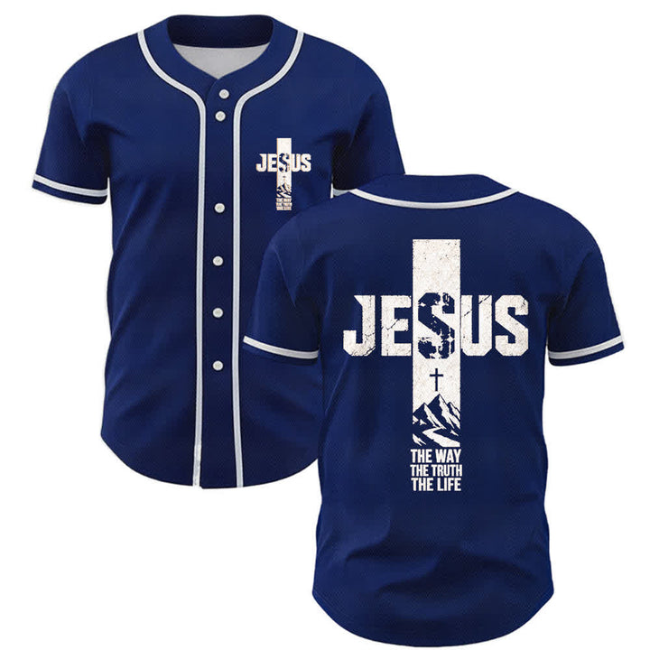 Christianartworkshop Camiseta de béisbol con estampado de cruz de Jesús, malla desgastada y botones frontales. - Marina de guerra - 5XL - image 49