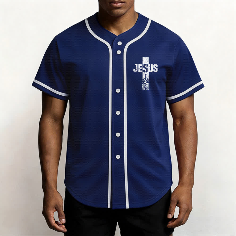 Christianartworkshop Camiseta de béisbol con estampado de cruz de Jesús, malla desgastada y botones frontales. - image 55