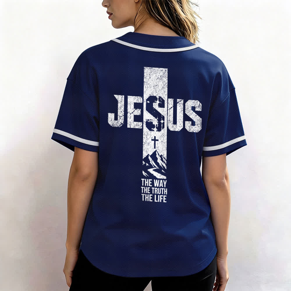 Christianartworkshop Camiseta de béisbol con estampado de cruz de Jesús, malla desgastada y botones frontales. - image 52