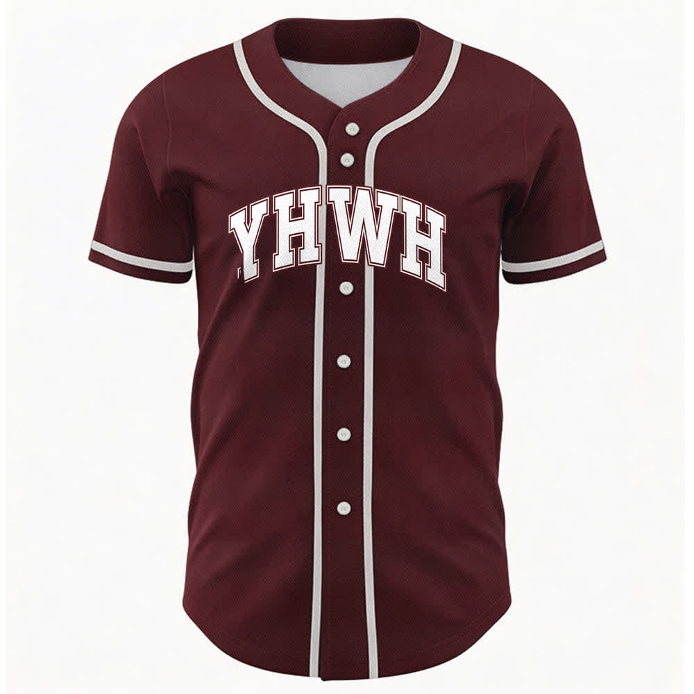 Camiseta de béisbol universitaria con botones frontales YHWH de Christianartworkshop - Vino - 5XL - image 12