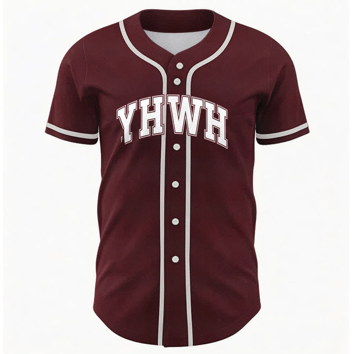 Camiseta de béisbol universitaria con botones frontales YHWH de Christianartworkshop - Vino - 5XL - image 12