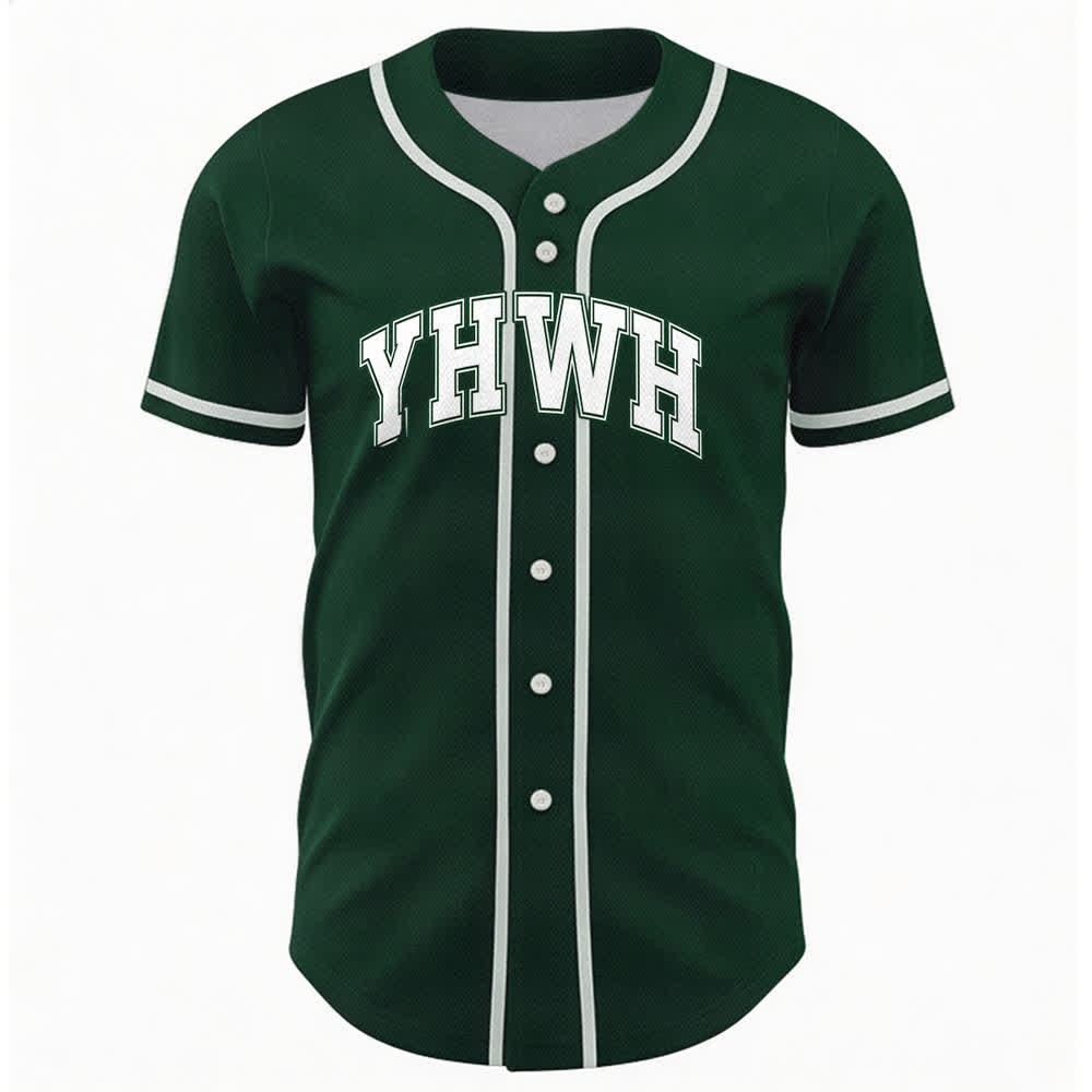 Camiseta de béisbol universitaria con botones frontales YHWH de Christianartworkshop - Verde - 5XL - image 9