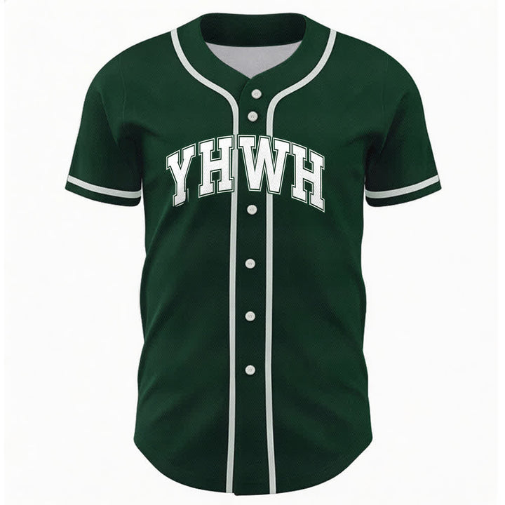 Camiseta de béisbol universitaria con botones frontales YHWH de Christianartworkshop - Verde - 5XL - image 9