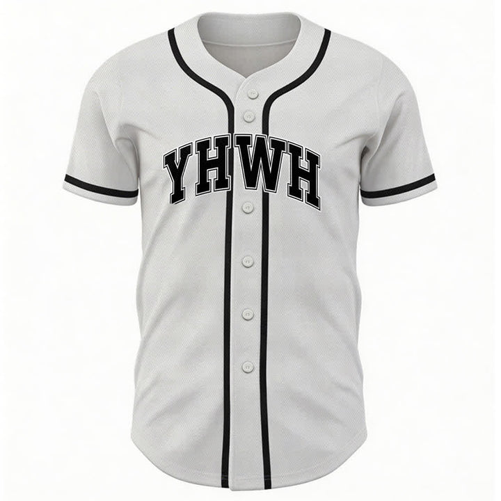 Camiseta de béisbol universitaria con botones frontales YHWH de Christianartworkshop - Blanco - 5XL - image 0
