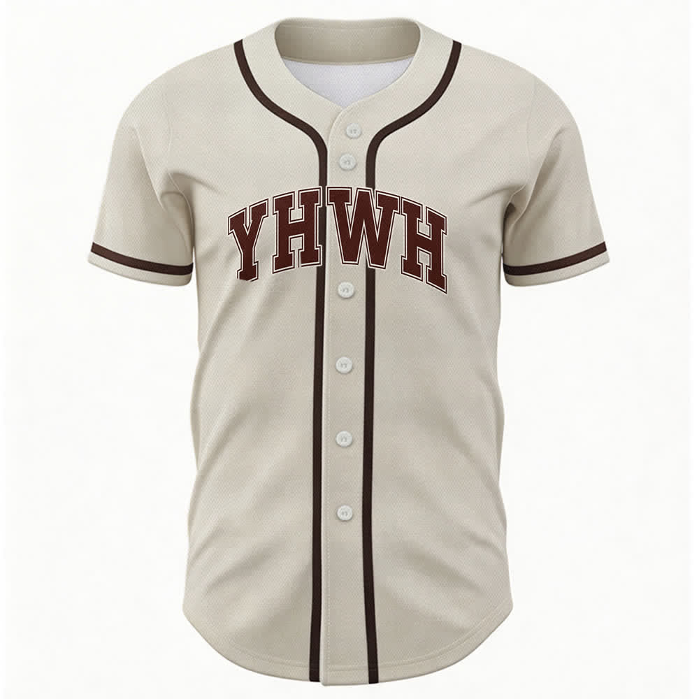Camiseta de béisbol universitaria con botones frontales YHWH de Christianartworkshop - Beige - 5XL - image 6