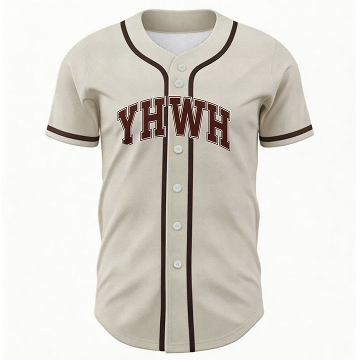Camiseta de béisbol universitaria con botones frontales YHWH de Christianartworkshop - Beige - 5XL - image 6