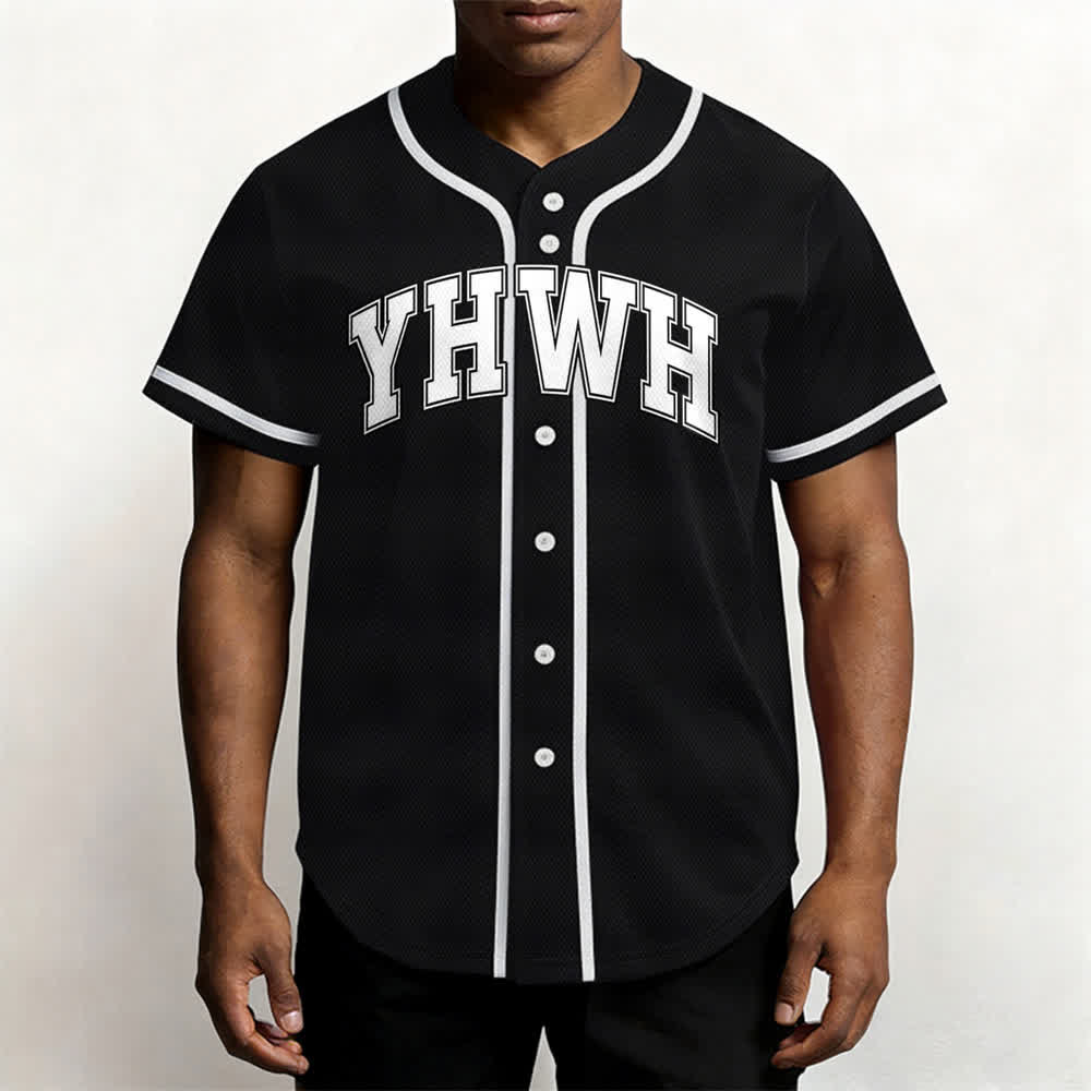Camiseta de béisbol universitaria con botones frontales YHWH de Christianartworkshop - image 5