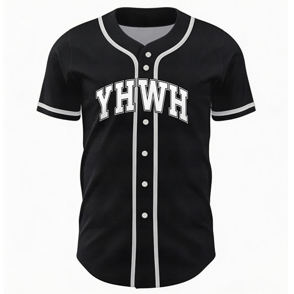 Camiseta de béisbol universitaria con botones frontales YHWH de Christianartworkshop - Negro - 5XL - image 3