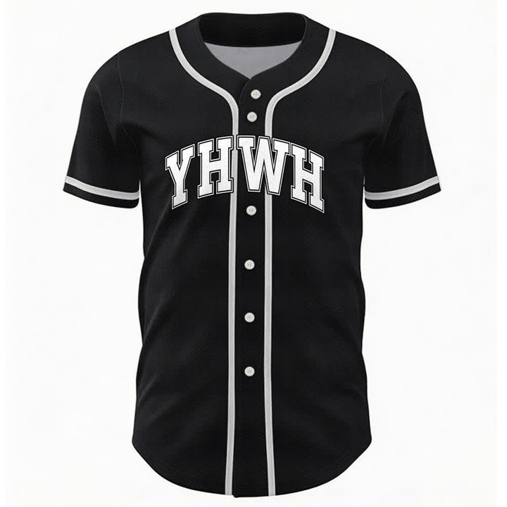 Camiseta de béisbol universitaria con botones frontales YHWH de Christianartworkshop - Negro - 5XL - image 3