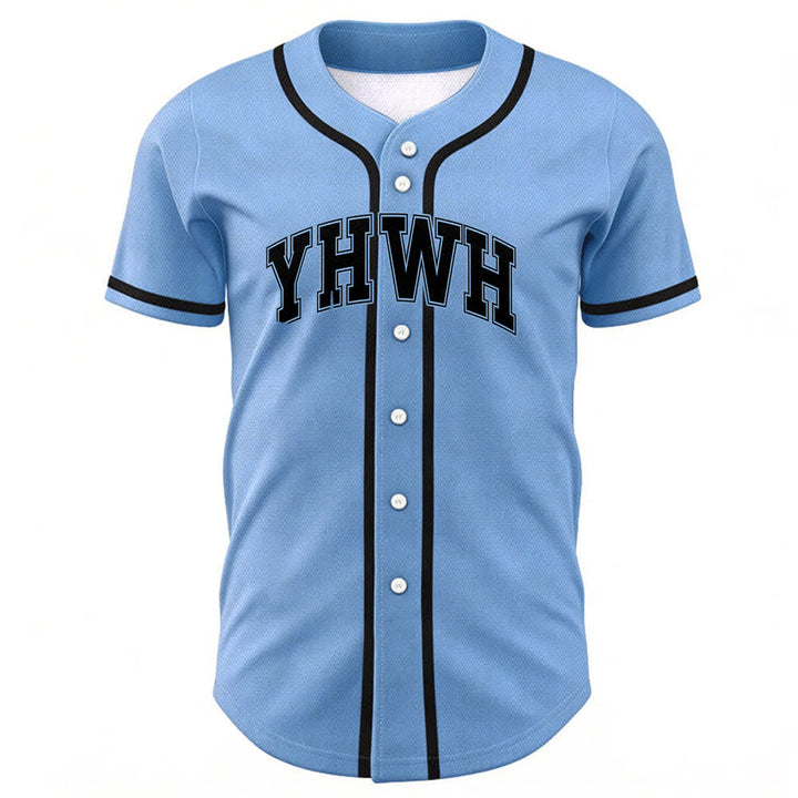 Camiseta de béisbol universitaria con botones frontales YHWH de Christianartworkshop - Azul - 5XL - image 18