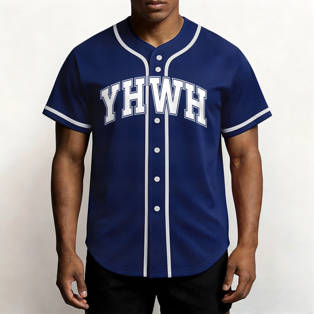 Camiseta de béisbol universitaria con botones frontales YHWH de Christianartworkshop - image 17