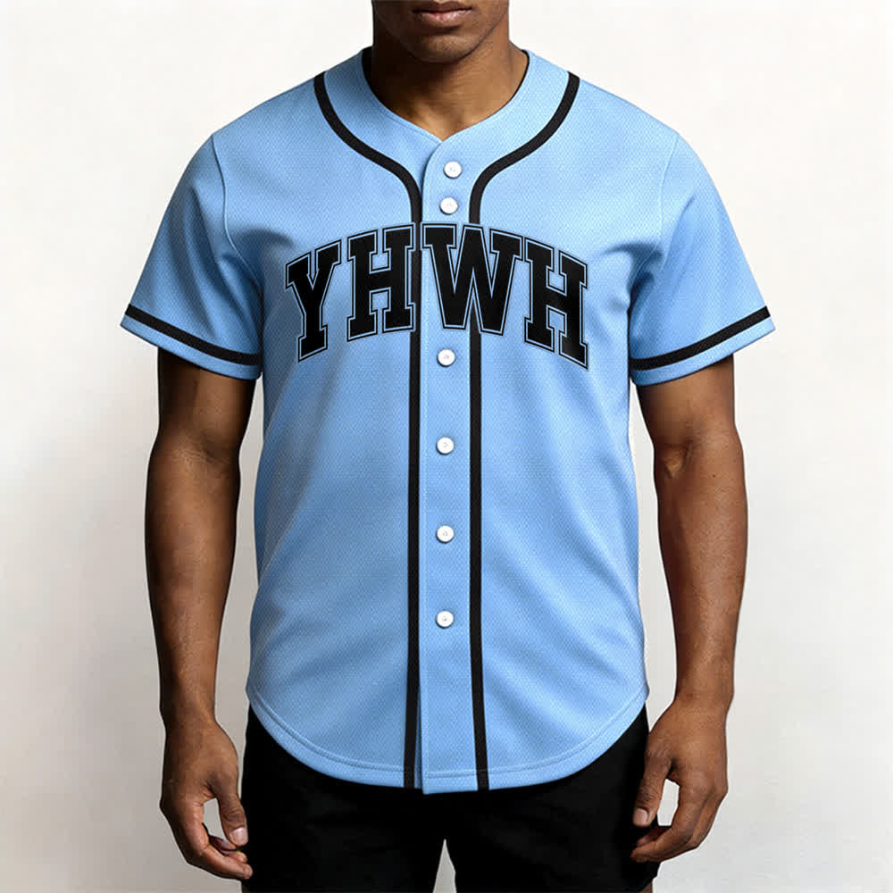 Camiseta de béisbol universitaria con botones frontales YHWH de Christianartworkshop - image 20