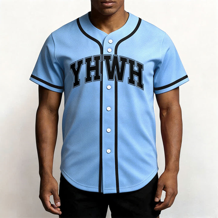 Camiseta de béisbol universitaria con botones frontales YHWH de Christianartworkshop - image 20