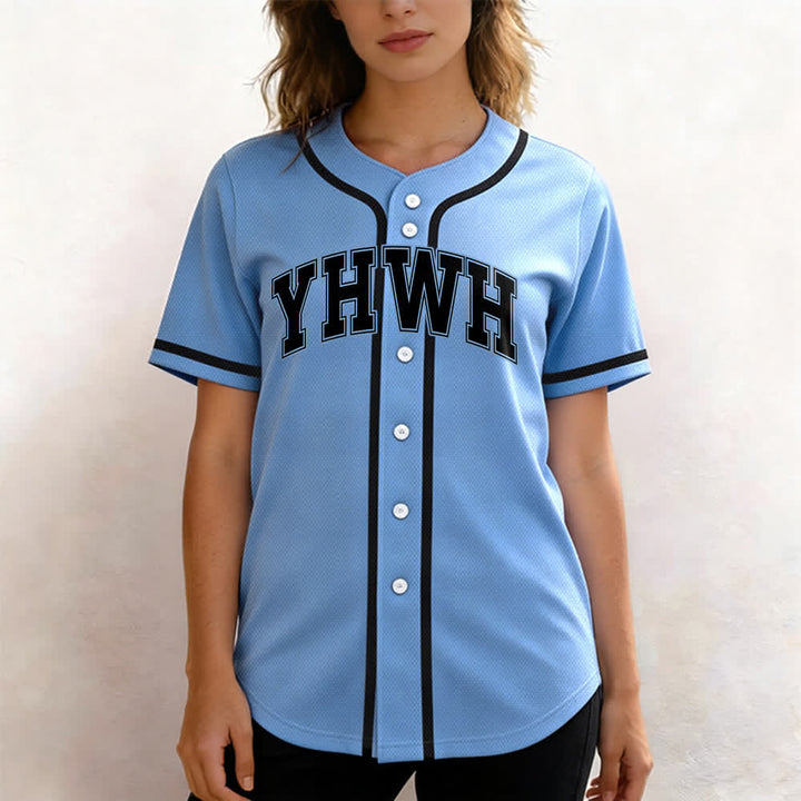 Camiseta de béisbol universitaria con botones frontales YHWH de Christianartworkshop - image 19