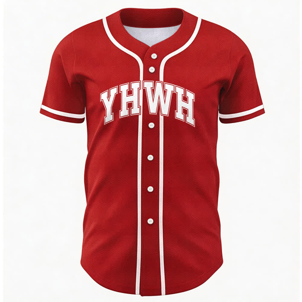 Camiseta de béisbol universitaria con botones frontales YHWH de Christianartworkshop - Rojo - 5XL - image 21