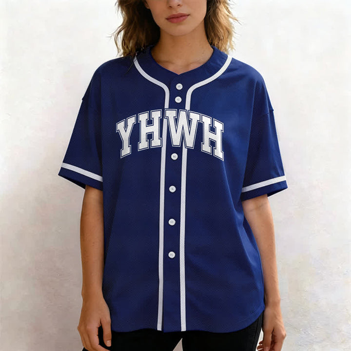 Camiseta de béisbol universitaria con botones frontales YHWH de Christianartworkshop - image 16