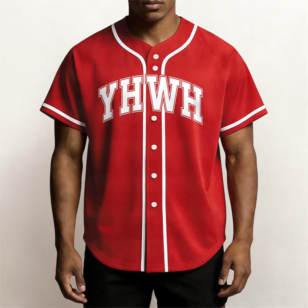 Camiseta de béisbol universitaria con botones frontales YHWH de Christianartworkshop - image 23