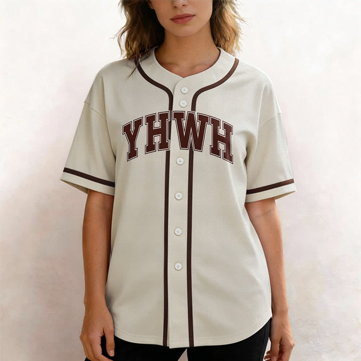Camiseta de béisbol universitaria con botones frontales YHWH de Christianartworkshop - image 7