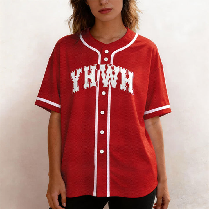 Camiseta de béisbol universitaria con botones frontales YHWH de Christianartworkshop - image 22
