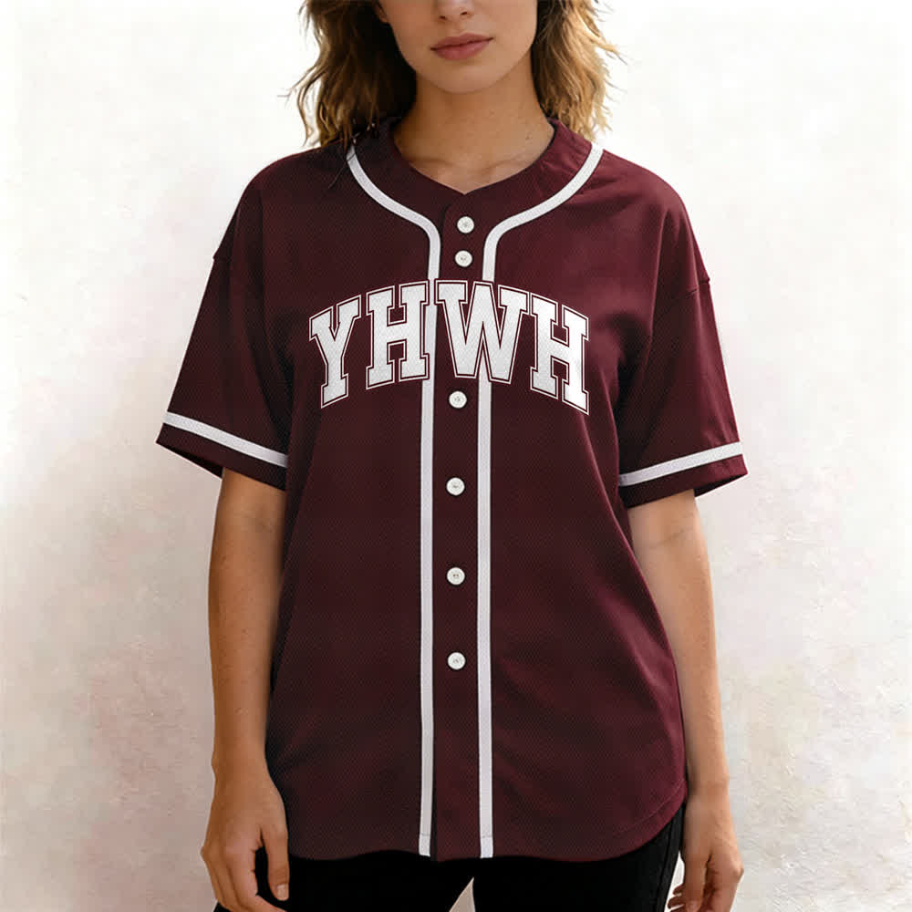 Camiseta de béisbol universitaria con botones frontales YHWH de Christianartworkshop - image 13