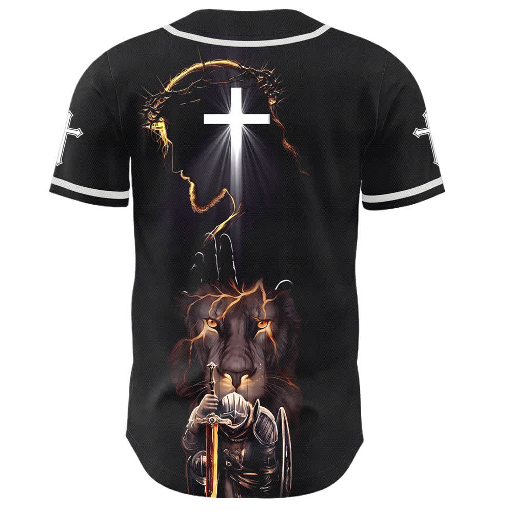 Christianartworkshop Camiseta de béisbol negra con botones y armadura de león de Jesús - image 1