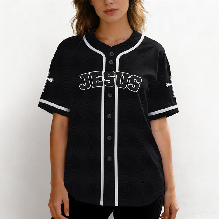Camiseta de béisbol negra con botones y armadura de león de Christianartworkshop con Jesús. - image 4
