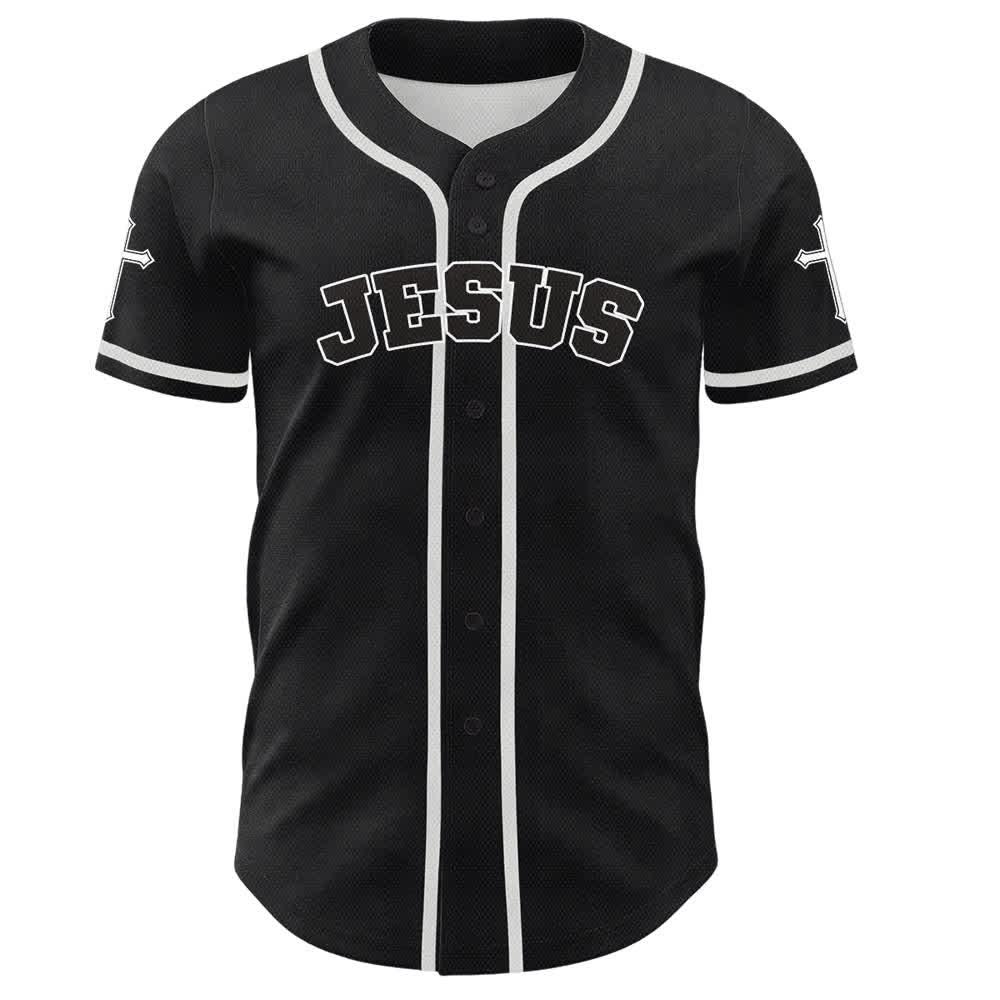 Camiseta de béisbol negra con botones y armadura de león de Christianartworkshop con Jesús. - image 2