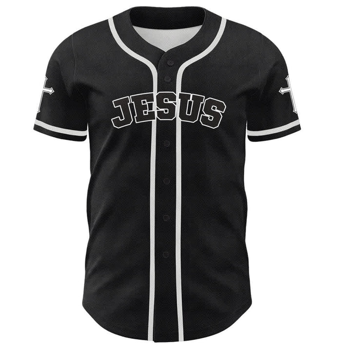 Camiseta de béisbol negra con botones y armadura de león de Christianartworkshop con Jesús. - image 2