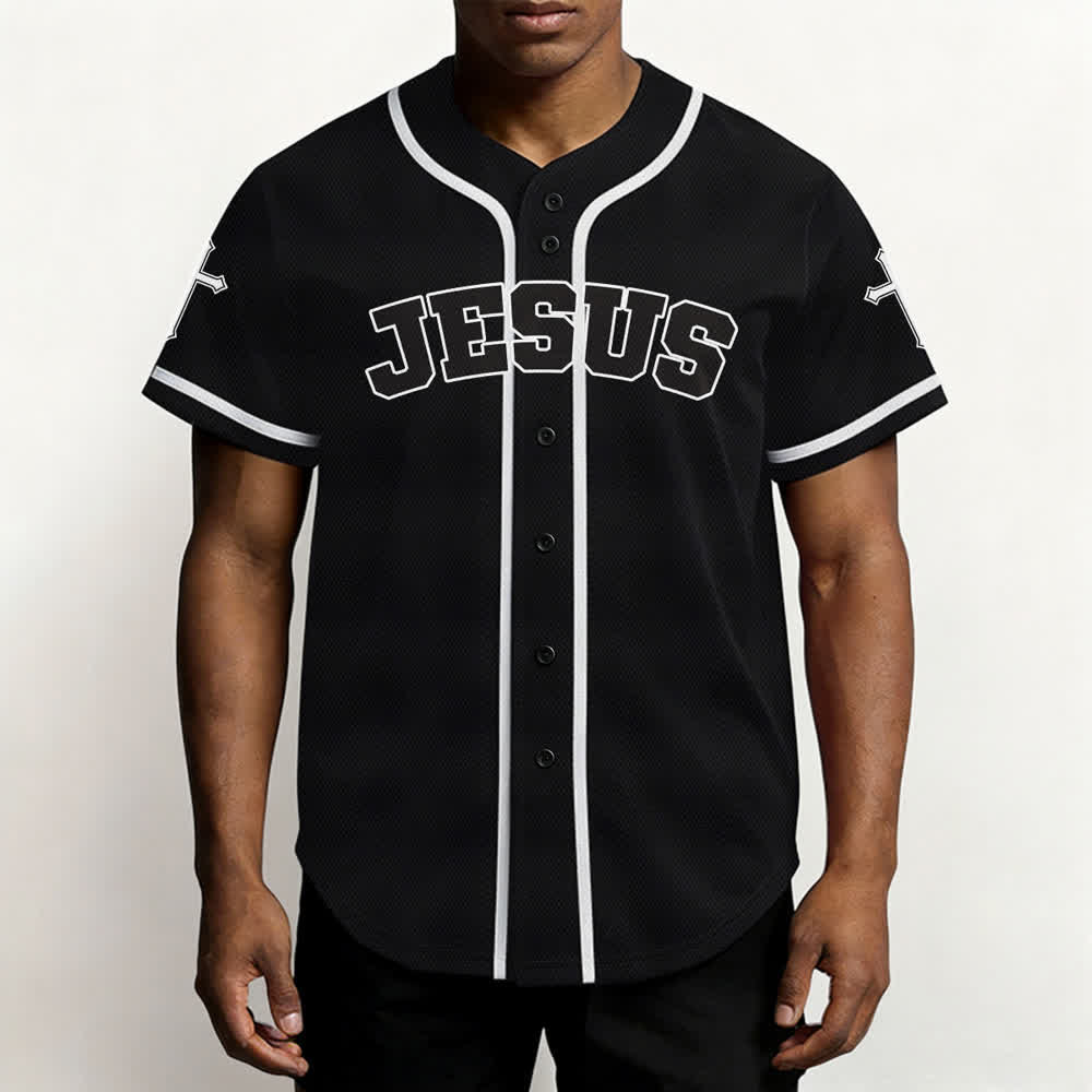 Camiseta de béisbol negra con botones y armadura de león de Christianartworkshop con Jesús. - image 6
