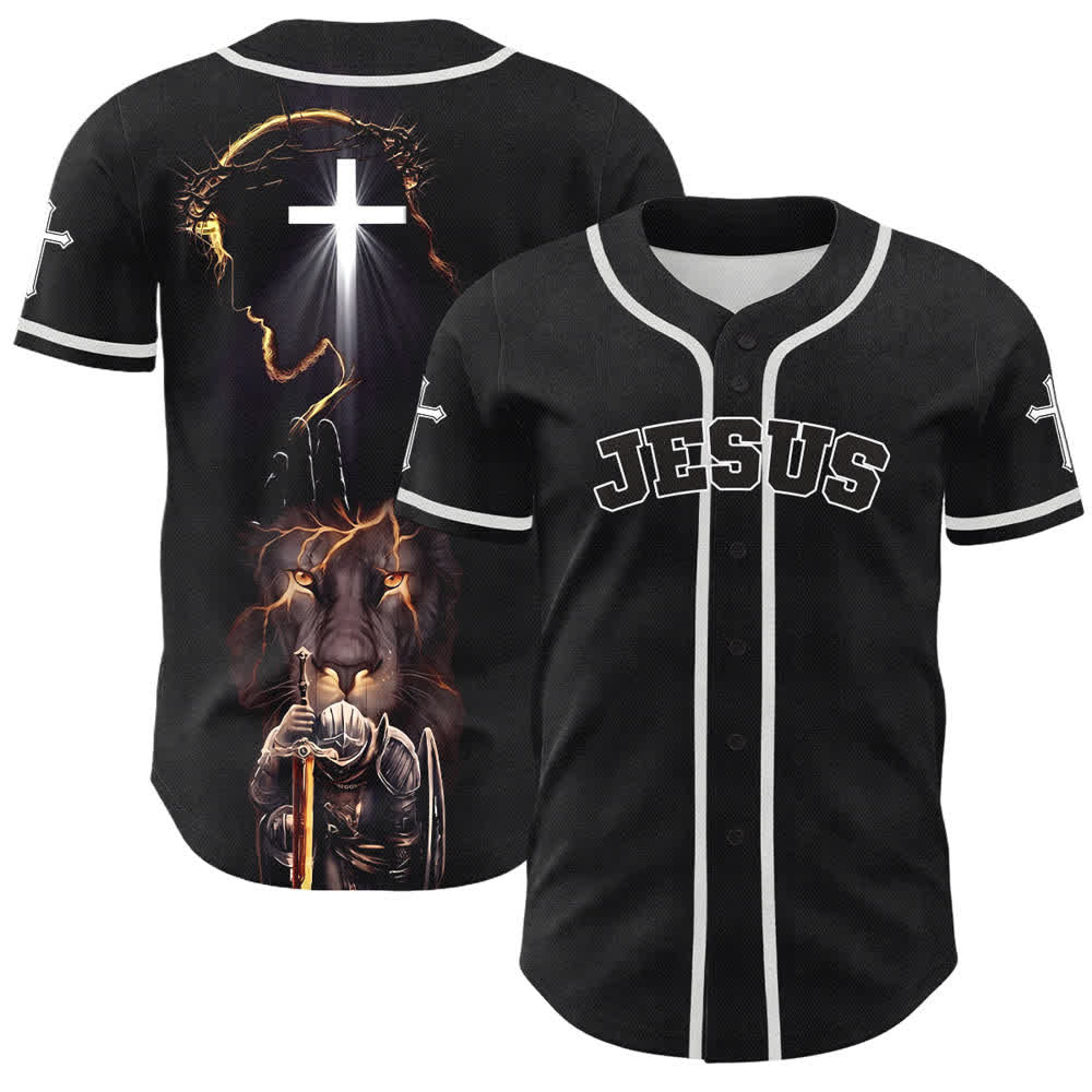 Christianartworkshop Camiseta de béisbol negra con botones y armadura de león de Jesús - Blanco - 5XL - image 0